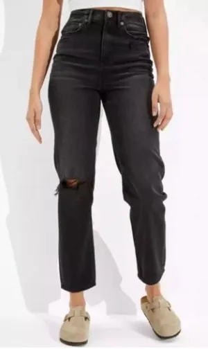 American Eagle 90s Boyfriend Jeans Womens 8 Black Highest Rise Distressed Grunge thumbnail 1