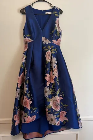Eliza J Blue Floral Print Satin Twill High/Low Fit & Flare Dress Sz 6 Formal thumbnail 1