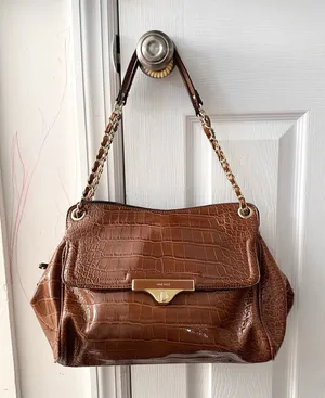 Nine West Cognac Brown Croc Embossed Textured Gold Chain Link Shoulder Bag Glam thumbnail 1
