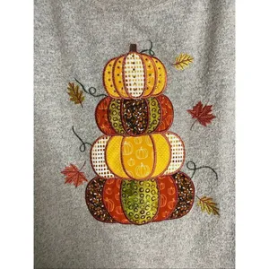Clover + Pine Gray Pumpkin Fall Embroidered Crew Neck 3/4 Sleeve Top XL thumbnail 4