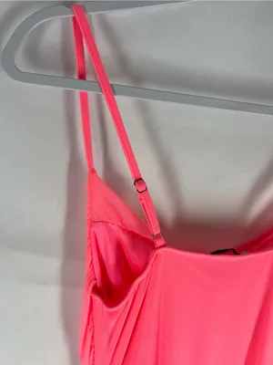 Haute Monde Neon Pink Draped Mesh Asymmetrical Maxi Dress Size S thumbnail 10