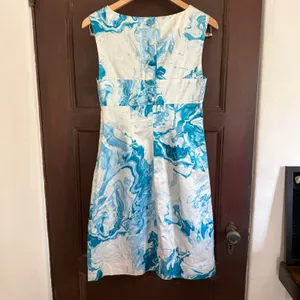 MAEVE | Marbled Waters Blue and White Silk Cotton Blend Shift Dress | 2 thumbnail 4