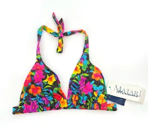 Vintage 90s Bright Matari Mixems Neon Floral Rainbow Triangle Bikini Halter Top Size L thumbnail 1