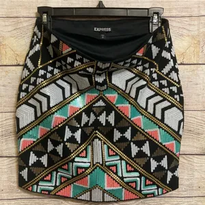 Express Sequin Mini Skirt Geometric Aztec Tribal Pattern Embellished Party Small thumbnail 6