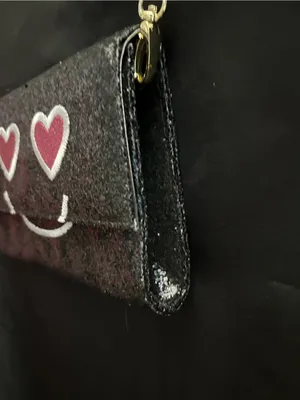 Betsey Johnson Black Glitter Heart-Eyes Crossbody Bag Striped Inside thumbnail 5