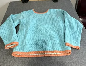 Handmade Women's Quilt Crewneck Light Blue With Coral Trim Sz M Cottage Core thumbnail 1