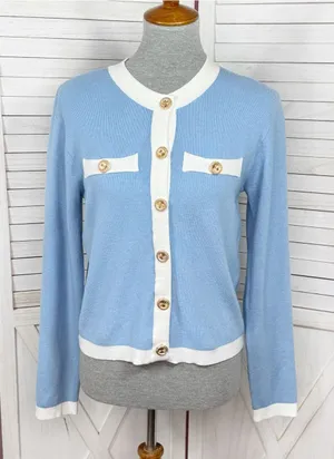 Emerson Lang Cardigan Sweater Button Front Contrast Trim Blue White Medium thumbnail 1