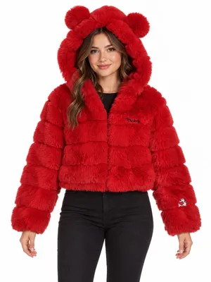Disney Forever 21 Mickey Mouse Red Faux Fur Cropped Hooded Jacket Women’s M thumbnail 1