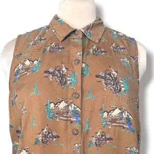 Ariat Womens Sleeveless Western Rodeo Print Button Down Shirt Brown Boho Cowgirl thumbnail 1