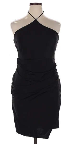 Klassy Network Black Halter Tie Brami Ruched Mini Dress Bodycon Asymmetric LBD thumbnail 1