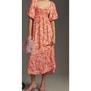 Anthropologie Smocked Babydoll Midi Dress Pink Orange Floral M Medium thumbnail 11