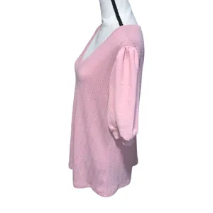 Women's Pink V-Neck Short Sleeve Puff Sleeve Shirt Dressy thumbnail 3
