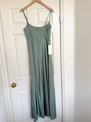 Azazie x Kendall Kylie Halsey green ALine Side Slit Metallic Satin Maxi Dress 6 thumbnail 6