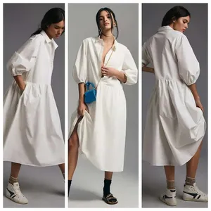 Mare Mare x Anthropologie White Poplin Puff‎ Sleeve Midi Shirt Dress XXS thumbnail 2