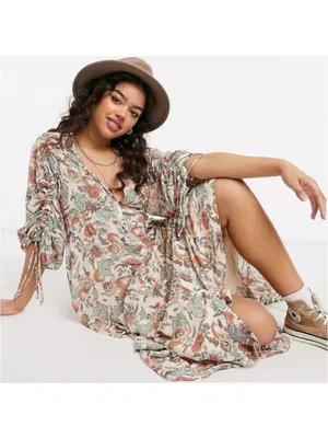 Free People Earthfolk Boho Floral Maxi Dress Tea Comb Women’s Size M thumbnail 4