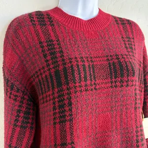 Christian‎ Siriano Red Black Plaid Crew Neck Long Sleeve Knit Sweater Beanie Set thumbnail 3