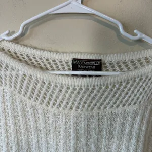 Mademoiselle Women Sweater Cream Open Knit Drawstring Hem Boat Neck Vintage L thumbnail 7