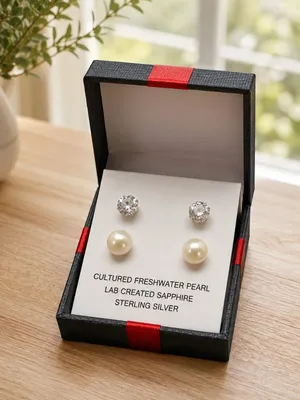 Sterling Silver Pearl & Lab White Sapphire Stud Earrings Set 2 Pair NWT thumbnail 2