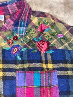 90s QPS Patchwork Embroidered Plaid Flannel Button thumbnail 4