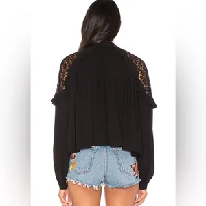 Free People Little Bit Of Love Crochet Lace Ruffle Keyhole‎ Blouse Black Size XS thumbnail 5