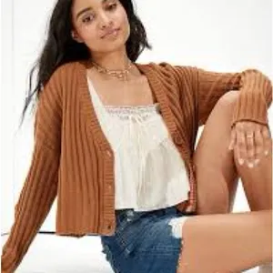 American eagle‎ ribbed cropped boxy button up cardigan brown size small thumbnail 2