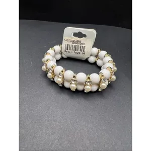 New! Golden Stella White Bead Faux Pearl Rhinestone Stretch Bracelet thumbnail 3
