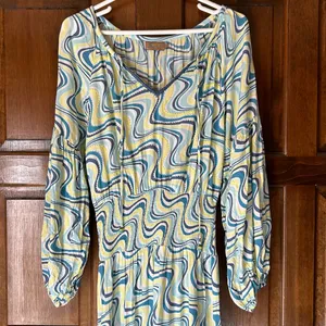 Skemo Blue‎ Yellow Long Dress Beaded Ruffle Hem Small Maxi Tiered Boho Abstract thumbnail 5