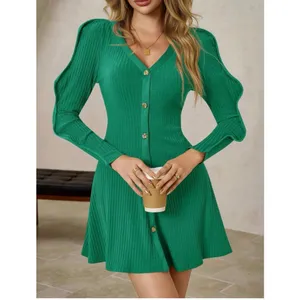 NEW Puff Long Sleeve Sweater Mini Dress Casual Button Down Ribbed L thumbnail 5