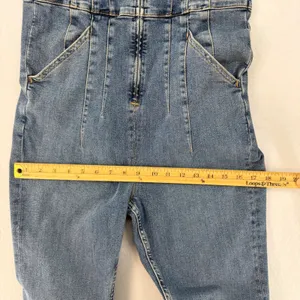 FP We The Free Jayde Flare Denim Jumpsuit Blue Zip Front Retro Romper Size L thumbnail 12