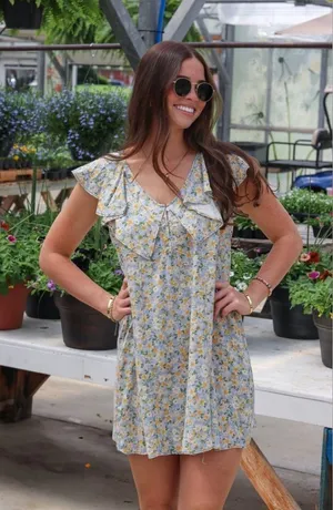 Hem & Thread NWT Peony Floral Ruffle Mini Dress Blue and Yellow Linen Size Small thumbnail 1