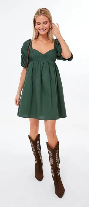Hyacinth House‎ Tuckernuck Sasha Mini Dress XS Green Cotton Poplin Babydoll Puff thumbnail 1