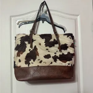 Cowhide Pattern Leather-Trim Tote Bag in Brown and Cream thumbnail 2
