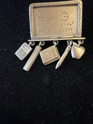 Vintage JJ Jonette Math Teacher Blackboard Pewter Tone Brooch Pin Dangle Charms thumbnail 3