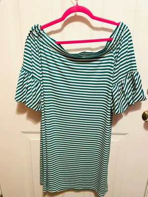Striped Off-Shoulder Ruffle Sleeve Dress - Green & White thumbnail 1