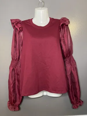 Anthropologie Blouse Womens Small Red Sheer Puff Balloon Sleeve Jersey Top thumbnail 2