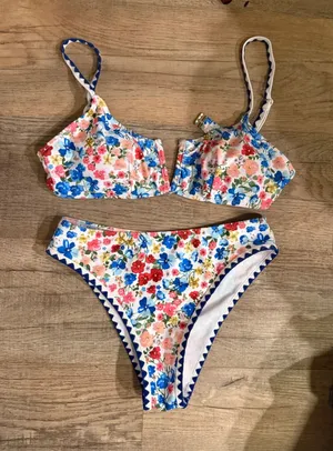 Floral Print Bikini Swimsuit Set Scalloped Trim Women's Summer‎ Beachwear thumbnail 1