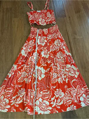 Women's Red Floral Maxi Dress with Smocked Bodice thumbnail 4