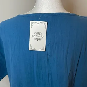 La Mode | Blue Short-Sleeve Jewel-Collar Pocket Midi Dress - Women Dress. Size L thumbnail 5