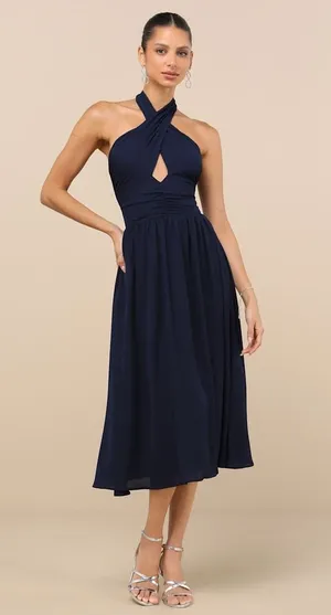 NWT Lulus Emrah Navy Cross-Front Cutout Halter Midi Dress Party Gala Banquet XS thumbnail 1