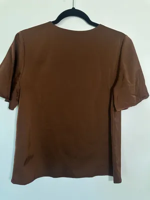 Motf Satin V-Neck Blouse Size S Brown Short Sleeve Top thumbnail 4