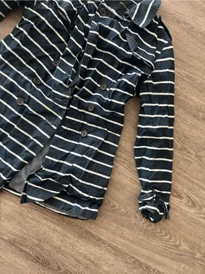 Banana Republic Double Breasted Cotton Trench Coat Womens MP Navy White Striped thumbnail 5