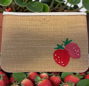 Kate Spade HAND MADE Straw Woven Pouch with Strawberry Embroidery. thumbnail 1