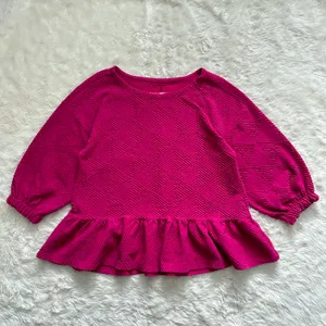 Anthropologie Maeve Blouse Mikayla Peplum Top Textured 3/4 Sleeves Pink M thumbnail 3