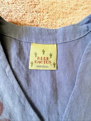 Vintage Blue Cactus Linen Dress Made USA Southwest Print Button Front thumbnail 3
