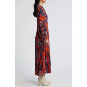 NWT Chelsea28 Floral Print Pleated Long Sleeve Dress Rust Blue Floral Sz XS $149 thumbnail 3