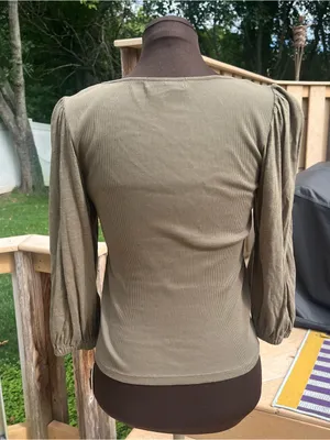 Sanctuary Olive Square Neck Ribbed Knit 3/4 Puff Sleeve Top Size S Fairy Boho thumbnail 4