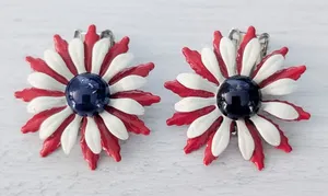 Vintage Clip On Earrings Red, White, Blue Statement Flower thumbnail 1