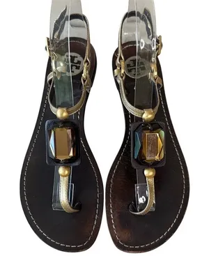 Tory Burch‎ Jeweled Stone Thong Sandals Gold Brown T-Strap 6.5 thumbnail 1