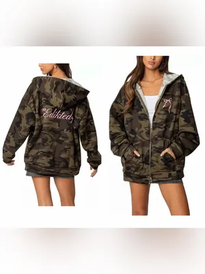 NWT Edikted Camo Bow Detail Oversize Zip Hoodie size medium thumbnail 2