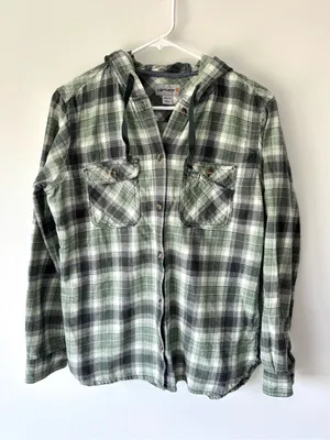 Carhartt Relaxed Fit Flannel Hooded Green White Plaid Button Front Shirt thumbnail 1